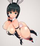  1145ryou_cm3d2 1girl animal_ears armband ass bangs bare_shoulders black_bow black_bowtie black_eyes black_gloves black_hair black_legwear black_leotard bob_cut bow bowtie breasts cleavage collarbone detached_collar earrings fake_animal_ears fake_tail full_body gloves hair_ornament high_heels highleg highleg_leotard highres huge_ass jewelry kirigaya_suguha large_breasts leotard looking_at_viewer looking_up medium_hair nervous open_mouth playboy_bunny rabbit_ears rabbit_tail simple_background solo standing strapless strapless_leotard sweat sweatdrop sword_art_online tail thick_thighs thighhighs thighs white_background white_footwear wrist_cuffs 