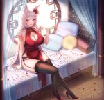  1girl animal_ears bare_shoulders bed black_legwear blush breasts china_dress chinese_clothes cleavage cleavage_cutout clothing_cutout commission dress flower garter_belt garter_straps hair_flower hair_ornament halterneck high_heels highres indoors large_breasts looking_at_viewer original pillow playing_with_own_hair raoul_(raoul77) red_eyes red_footwear seductive_smile side_slit sitting smile solo thighhighs thighs white_hair 