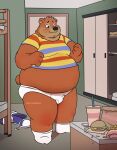  2022 absurd_res anthro belly big_belly black_nose blush brown_body bulge burger clothing detailed_background food fries hi_res humanoid_hands inside kemono male mammal overweight overweight_male qqmelon888 shirt solo topwear underwear ursid 