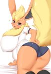  2022 anthro anthrofied asian_clothing belly big_breasts blonde_hair blush bottomwear breasts buruma butt canid canine clothed clothing east_asian_clothing eeveelution female flareon fluffy footwear fur gym_bottomwear gym_clothing gym_shorts hair hi_res horokusa0519 huge_breasts japanese_clothing kemono looking_at_viewer looking_back mammal neck_tuft nintendo nipple_outline orange_body orange_fur pok&eacute;mon pok&eacute;mon_(species) pok&eacute;morph shirt shorts socks solo topwear tuft video_games yellow_body yellow_fur 