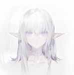  1girl bangs closed_mouth collar commentary freckles grey_eyes grey_hair hair_between_eyes lips long_hair looking_at_viewer original pale_skin pointy_ears simple_background solo white_background yyb 