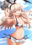  1girl bikini black_hairband blonde_hair blue_sky breasts cloud cowboy_shot fuji_(pixiv24804665) grey_eyes hairband highres kantai_collection long_hair rensouhou-chan shimakaze_(kancolle) side-tie_bikini sky small_breasts solo standing swimsuit white_bikini 