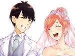  1boy 1girl bangs black_hair breasts bridal_veil cleavage collarbone couple flower go-toubun_no_hanayome hair_flower hair_ornament happy happy_tears hetero highres husband_and_wife nakano_yotsuba necktie open_mouth orange_hair short_hair simple_background striped_necktie tears teeth uesugi_fuutarou upper_body upper_teeth veil vertical-striped_necktie wai_(y48754085) white_background 