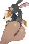  1girl animal_ears black_hair copyright_request dark-skinned_female dark_skin ettone from_behind highres long_hair looking_at_viewer rabbit_ears simple_background solo white_background yellow_eyes 