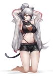  1girl absurdres animal_ear_fluff animal_ears arknights armpits arms_behind_head arms_up bangs bare_legs barefoot black_scarf black_shorts breasts cat_ears cat_tail cleavage commentary crop_top grey_hair hair_between_eyes highres jacket large_breasts long_hair long_sleeves looking_at_viewer midriff navel onedr open_clothes open_jacket ponytail scarf schwarz_(arknights) short_shorts shorts simple_background sleeveless solo stomach tail thighs white_background yellow_eyes 