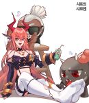  chaos_(dungeon_and_fighter) drinking_straw dungeon_and_fighter heterochromia horns juice_box kasy knight_(dungeon_and_fighter) long_hair looking_at_viewer massage open_mouth pink_hair ribbon smile thighhighs torn_clothes torn_legwear white_background 