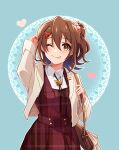  1girl ;p anaroguya bag blush brown_hair circle dress hair_between_eyes hair_ornament handbag heart heart_hair_ornament highres idolmaster idolmaster_million_live! jacket kasuga_mirai looking_at_viewer one_eye_closed one_side_up patterned_background red_dress smile solo tongue tongue_out yellow_jacket 