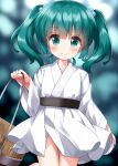  1girl blush bucket closed_mouth green_eyes green_hair hair_between_eyes hair_bobbles hair_ornament highres holding holding_bucket japanese_clothes kimono kisume long_sleeves ruu_(tksymkw) short_hair smile solo touhou twintails white_kimono wide_sleeves 