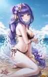  1girl bangs bare_arms bare_shoulders barefoot bikini black_bikini blush bracelet braid braided_ponytail breasts from_side genshin_impact hair_ornament highres jewelry large_breasts long_hair looking_at_viewer looking_to_the_side ocean outdoors parted_lips purple_eyes purple_hair raiden_shogun seashell shell side-tie_bikini smile solo starfish swimsuit thighs water wol_(wol_927) 
