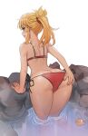  1girl absurdres ass ass_focus bent_over bikini blonde_hair blush breasts fang fate/apocrypha fate/grand_order fate_(series) green_eyes hair_ornament hair_scrunchie hand_on_own_ass highres kiritzugu long_hair looking_at_viewer looking_back mordred_(fate) mordred_(fate/apocrypha) nail_polish onsen ponytail raised_eyebrows red_nails rubber_duck scrunchie side-tie_bikini sidelocks solo swimsuit thighs wading water 