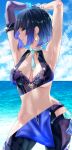  1girl aqua_eyes armpits arms_behind_head bangs bare_shoulders blue_hair blue_sky bracelet breasts cleavage cloud colored_inner_hair day diagonal_bangs dice earrings elbow_gloves genshin_impact gloves highres jewelry large_breasts mole mole_on_breast multicolored_hair navel neck_tassel ocean purple_hair short_hair single_elbow_glove sky solo stomach tassel_choker uenoryoma underboob vision_(genshin_impact) yelan_(genshin_impact) 