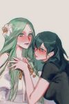  2girls absurdres black_shirt blue_eyes blue_hair blush byleth_(fire_emblem) byleth_(fire_emblem)_(female) chinese_commentary collarbone commentary_request eye_contact fire_emblem fire_emblem:_three_houses from_side green_eyes green_hair hand_on_another&#039;s_chest highres huangjin_shizi long_hair looking_at_another multiple_girls parted_lips rhea_(fire_emblem) shirt short_sleeves simple_background sweatdrop upper_body yellow_background yuri 