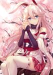  1girl animal_ears artist_request bangs cherry_blossoms closed_mouth fox_ears fox_mask highres honkai_(series) honkai_impact_3rd in_tree japanese_clothes long_hair looking_at_viewer mask miko official_art outdoors own_hands_together petals pink_hair pink_skirt purple_eyes sitting sitting_in_tree skirt smile solo thighhighs tree white_legwear white_sleeves yae_sakura yae_sakura_(gyakushinn_miko) 