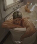  1boy artist_name bara bathing bathtub blonde_hair closed_mouth completely_nude facial_hair highres legs_folded legs_up looking_at_viewer lying male_focus muscular muscular_male nude on_stomach reiner_braun shingeki_no_kyojin short_hair solo urielbeaupre15 wet wet_hair 