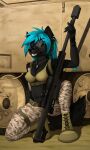  anthro army black_body black_fur black_nose black_tail boots camo canid canine clothed clothing combat_boots desert dog_tags female footwear fur grey_body grey_fur gun hair hi_res looking_at_viewer mammal military military_gear military_uniform ranged_weapon rifle smile smiling_at_viewer sniper sniper_rifle solo tales_foxdale tank teal_eyes teal_hair underwear uniform vehicle weapon 