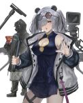  +_+ 1girl 1other :o absurdres ambiguous_gender animal_ears arknights black_dress black_gloves black_hair black_jacket book breasts china_dress chinese_clothes cleavage cleavage_cutout clothing_cutout commentary_request doctor_(arknights) dress feater_(arknights) film_set gloves grey_hair hair_over_one_eye hands_up highres holding holding_book holding_weapon hood hood_up hooded_coat jacket large_breasts long_hair multicolored_hair nunchaku off_shoulder okayannosuke open_clothes open_jacket open_mouth panda_ears panda_girl sleeveless sleeveless_dress solo_focus streaked_hair twintails v-shaped_eyebrows video_camera weapon 