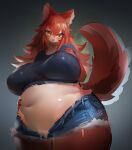  absurd_res anthro belly big_breasts bottomwear breasts canid canine clothed clothing digital_media_(artwork) female fingers fur hair hi_res hotpants huge_breasts looking_at_viewer mammal midriff navel open_mouth red_body red_fur red_hair shirt shorts simple_background smile solo standing thick_thighs topwear utterangle yellow_eyes 