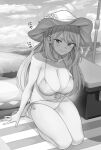  1girl bangs beach beach_towel beach_umbrella bikini blue_archive blush breasts cleavage cloud commentary_request cooler greyscale hair_between_eyes halo hat innertube large_breasts long_hair looking_at_viewer monochrome naughty_face nonomi_(blue_archive) nonomi_(swimsuit)_(blue_archive) outdoors side-tie_bikini sitting sky smile solo sun_hat swimsuit towel translation_request umbrella water youtike 