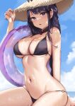  1girl bikini braid braided_ponytail breasts cleavage curvy genshin_impact hat highres kneeling large_breasts looking_at_viewer navel o-ring o-ring_bikini purple_eyes purple_hair raiden_shogun skai_kun solo sun_hat swimsuit thighs 