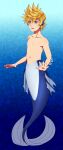  1boy aquajet blonde_hair blue_background blue_eyes commission fins full_body gills highres kingdom_hearts male_focus merman monster_boy navel no_nipples open_mouth roxas scales solo spiked_hair tail the_little_mermaid topless_male webbed_hands 