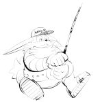  absurd_res anthro belt big_the_cat clothing domestic_cat english_text felid feline felis fishing fishing_rod footwear gloves handwear hat headgear headwear hi_res male mammal monochrome overweight overweight_male sandals sega simple_background sitting sketch solo sonic_the_hedgehog_(series) text the-hydroxian 