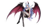  1girl absurdres black_legwear blue_eyes blue_hair breasts cleavage demon_girl demon_horns demon_tail demon_wings highres horns large_breasts lillly lingerie looking_at_viewer original pantyhose sitting solo tail thighs torn_clothes torn_legwear underwear white_background wings 