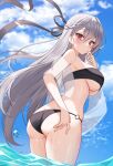  1girl absurdres ass bandeau bare_shoulders bikini black_bikini braid breasts cloud day from_side frown grey_hair hair_ribbon hand_up highres large_breasts long_hair looking_at_viewer novel_illustration o-ring o-ring_bikini official_art original outdoors parted_lips pn_(wnsl216) red_eyes ribbon see-through shawl solo standing strapless strapless_bikini string_bikini swimsuit thighs tube_top twisted_torso underboob very_long_hair wading water wet 