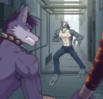  5_toes absurd_res alley angry anthro barefoot baseball_bat bat_(object) bottomwear canid canine canis clothing collar duo feet fight fiool growling hi_res male mammal muscular muscular_male plantigrade spike_(fiool) spiked_collar spikes toes wolf wolf_(fiool) 