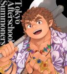  abacus andvari_(housamo) axe black_background bracelet brown_eyes brown_hair chest_hair copyright_name dark-skinned_male dark_skin dwarf english_text forked_eyebrows hairy hawaiian_shirt highres hijirino_yuuta holding holding_axe jewelry long_sideburns multiple_rings muscular muscular_male necklace open_clothes open_mouth open_shirt plump pointy_ears ring shirt short_hair sideburns smile thick_eyebrows tokyo_afterschool_summoners 