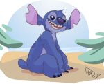  2022 alien back_markings beach blue_body blue_eyes blue_fur blue_nose cel_shading claws colored_sketch disney experiment_(lilo_and_stitch) fur head_tuft lilo_and_stitch markings maxpany notched_ear open_mouth open_smile seaside shaded sitting sketch small_tail smile solo stitch_(lilo_and_stitch) tuft 