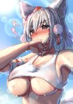  1girl :c alternate_breast_size alternate_costume animal_ears arm_up armband armpits bangs bare_shoulders blue_sky blush breasts closed_mouth commentary_request covered_nipples day grey_hair hat hot inubashiri_momiji large_breasts looking_afar medium_hair nipples nose_blush onomiya orange_eyes outdoors pom_pom_(clothes) see-through sketch skindentation sky solo stomach sun sweat tank_top tokin_hat touhou underboob upper_body v-shaped_eyebrows wolf_ears 