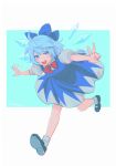  1girl arms_up artist_name bangs black_footwear blue_background blue_bow blue_dress blue_eyes blue_hair border bow bowtie breasts cirno collared_shirt dress eyes_visible_through_hair grey_legwear grey_shirt hair_between_eyes hands_up highres ice ice_wings looking_to_the_side medium_breasts noriuma open_mouth outside_border puffy_short_sleeves puffy_sleeves red_bow red_bowtie running shirt shoes short_hair short_sleeves simple_background smile socks solo teeth tongue touhou v white_border wings 