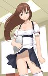  breasts brown_eyes brown_hair cleavage copyright_request covered_nipples large_breasts long_hair maid makochin nipples no_panties solo thighhighs uncensored waitress 