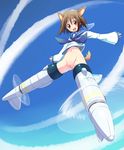  :d animal_ears blush bottomless brown_eyes brown_hair cloud groin highres looking_at_viewer miyafuji_yoshika navel no_panties open_mouth outstretched_arms pussy short_hair sky smile solo spread_arms spread_legs strike_witches striker_unit sw tail uncensored world_witches_series 