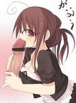  ahoge arima_senne bar_censor blush breasts brown_eyes brown_hair censored cleavage fellatio glasses kashiwamochi_yomogi large_breasts long_hair oral original penis pointless_censoring solo_focus 