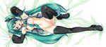  bed bed_sheet between_breasts blush bottomless breasts censored dakimakura detached_sleeves duplicate full_body green_eyes green_hair hatsune_miku jpeg_artifacts large_breasts long_hair microphone navel necktie nipples panties panties_around_one_leg sheet_grab solo striped striped_panties thighhighs twintails underwear vocaloid xiaojing 