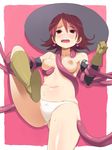  blush boots breasts dragon_quest dragon_quest_iii earrings hat highres jewelry mage_(dq3) medium_breasts nipples nora_higuma panties puffy_nipples rape red_eyes red_hair solo sweat tears tentacles underwear white_panties witch_hat 