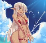  breast_squeeze breasts covered_nipples cum dark_skin dutch_angle ejaculation futanari handsfree_ejaculation large_breasts long_hair original penis pointy_ears projectile_cum shimakaze silver_hair slingshot_swimsuit solo swimsuit tears thighs yellow_eyes 