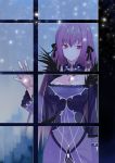  1girl bangs breasts cleavage dress expressionless eyebrows_visible_through_hair fate/grand_order fate_(series) fur_trim hair_between_eyes hair_ribbon hand_on_window highres hyakuichi jewelry large_breasts long_hair looking_at_viewer purple_dress purple_hair red_eyes ribbon scathach_(fate)_(all) scathach_skadi_(fate/grand_order) solo tiara white_background wide_sleeves window 