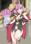  bottomless breasts cape cleavage crown fever-san flower gundam gundam_zz haman_karn medium_breasts painting_(object) pink_hair pubic_hair purple_eyes rose short_hair solo vulva_hold 