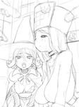  blush breasts censored dragon_quest dragon_quest_iii earrings greyscale hat jewelry large_breasts long_hair mage_(dq3) mitre monochrome mosaic_censoring multiple_girls nora_higuma open_mouth penis priest_(dq3) sketch sweat witch_hat 