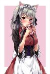  animal_ear_fluff animal_ears apron bangs black_ribbon blush cat_ears corset cross-laced_clothes dress eyebrows_visible_through_hair fingernails gift grey_hair hair_between_eyes heterochromia highres holding holding_gift long_hair maid_headdress marisasu_(marisa0904) nail_polish neck_ribbon original outside_border purple_background purple_eyes red_dress red_eyes red_nails ribbon sidelocks simple_background sweatdrop waist_apron wide_sleeves 