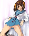  695_(mukuko) bad_id bad_pixiv_id blue_sailor_collar blue_skirt blush brown_eyes brown_hair censored kita_high_school_uniform kneeling leaning_back medium_hair naughty_face no_panties pussy sailor_collar school_uniform serafuku skirt solo suzumiya_haruhi suzumiya_haruhi_no_yuuutsu 