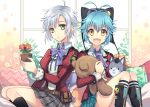  1010kren 2girls ahoge animal_hat aqua_hair ascot black_legwear bow bowtie breasts cat_hat collared_shirt eiyuu_densetsu eyebrows_visible_through_hair fie_claussell flower green_eyes hat jacket kneehighs legs_together long_sleeves looking_at_viewer millium_orion miniskirt multiple_girls open_mouth pillow pin plaid plaid_skirt plant pleated_skirt pom_pom_(clothes) potted_plant purple_neckwear school_uniform sen_no_kiseki shirt short_hair silver_hair sitting skirt small_breasts smile smiley_face spiked_hair striped striped_legwear stuffed_animal stuffed_cat stuffed_toy teddy_bear window yellow_eyes 