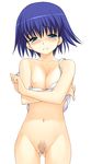  a1 areolae blue_eyes blue_hair bottomless breast_squeeze breasts cleavage highres medium_breasts no_pussy nude pubic_hair pussy solo tears to_heart_2 tonami_yuma uncensored undressing 