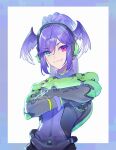  1girl ahoge armor black_armor blue_eyes border braid cosplay dragon_girl eyelashes eyes_visible_through_hair fang full_armor green_armor hair_ornament hairclip head_wings headphones heterochromia kistina looking_at_viewer lucio_(overwatch) lucio_(overwatch)_(cosplay) medium_hair multicolored_clothes nijisanji nijisanji_en overwatch pointy_ears ponytail purple_armor purple_background purple_eyes purple_hair purple_wings selen_tatsuki smile solo twin_braids virtual_youtuber white_background wings 