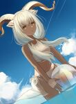  1girl :o absurdres animal_ears arknights ball beachball beeswax_(arknights) bikini blue_sky breasts cloud cowboy_shot dark-skinned_female dark_skin dutch_angle goat_ears goat_girl goat_horns highres holding holding_ball holding_beachball horns long_hair looking_at_viewer low-tied_long_hair low_twintails navel o-ring o-ring_bikini samidareame sky small_breasts solo stomach swimsuit twintails wading water white_bikini white_hair yellow_eyes 