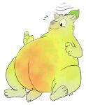  anthro belly belly_expansion big_belly blush canid canine canis elemental_creature expansion flora_fauna food food_creature food_transformation fruit fur green_body grey_body grey_fur growth inflation living_fruit male mammal nude obese obese_anthro obese_male open_mouth overweight overweight_anthro overweight_male pear plant sitting solo surprise transformation vanillayote wolf worried 