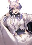  1boy :p animal_ears baegji13 black_gloves covered_navel earrings eyewear_on_head fangs formal fox_boy fox_ears gem gloves half_gloves highres jewelry kuya_(nu_carnival) long_sleeves looking_at_viewer male_focus mole mole_under_eye necktie nu_carnival purple_eyes purple_hair purple_necktie short_hair smile suit sunglasses tongue tongue_out white_suit yellow_eyes 