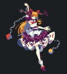  1girl 4qw5 :d bangs black_background bow chain footwear_bow full_body gourd hair_bow highres holding horns ibuki_suika long_hair low-tied_long_hair open_mouth orange_eyes orange_hair orb pixel_art purple_skirt pyramid red_bow ribbon-trimmed_skirt ribbon_trim shirt simple_background skirt smile socks solo torn_clothes torn_sleeves touhou white_legwear white_shirt 